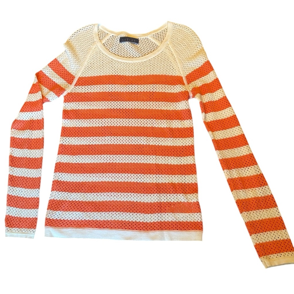 Velvet by Graham & Spencer Orange and White Silk Blend Striped Sweater - Picture 3 of 12